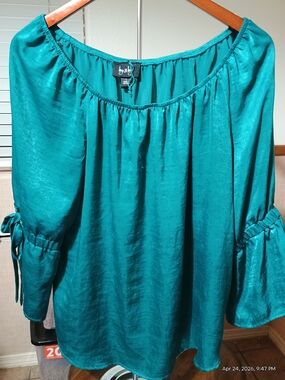 By & By Teal Off-Shoulder Satin Green Blouse with Sleeve Ties